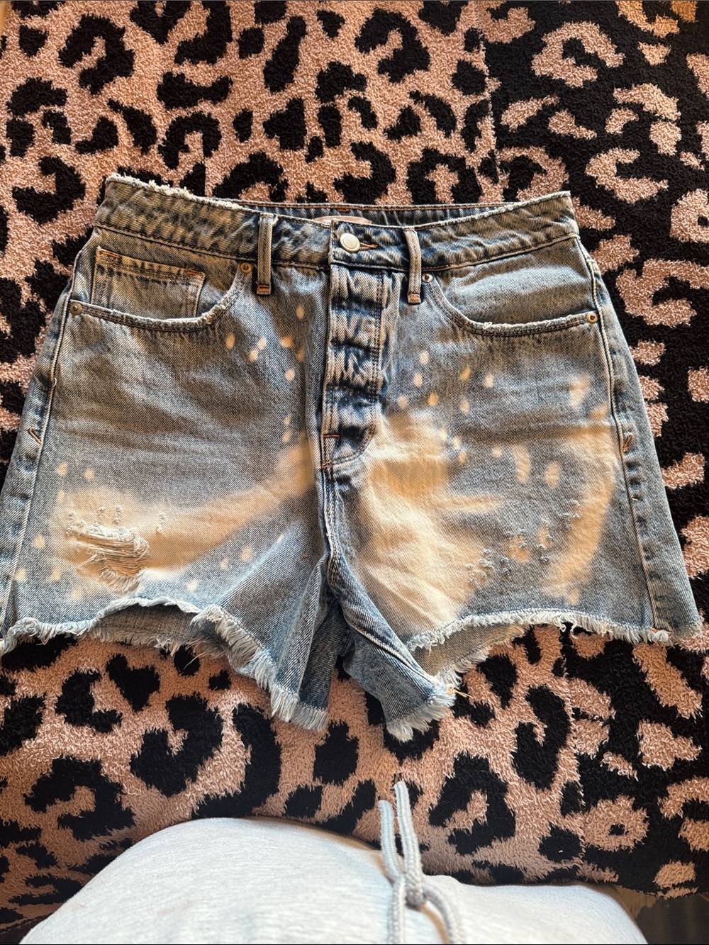Good American Light Blue Bleached Distressed Denim Shorts